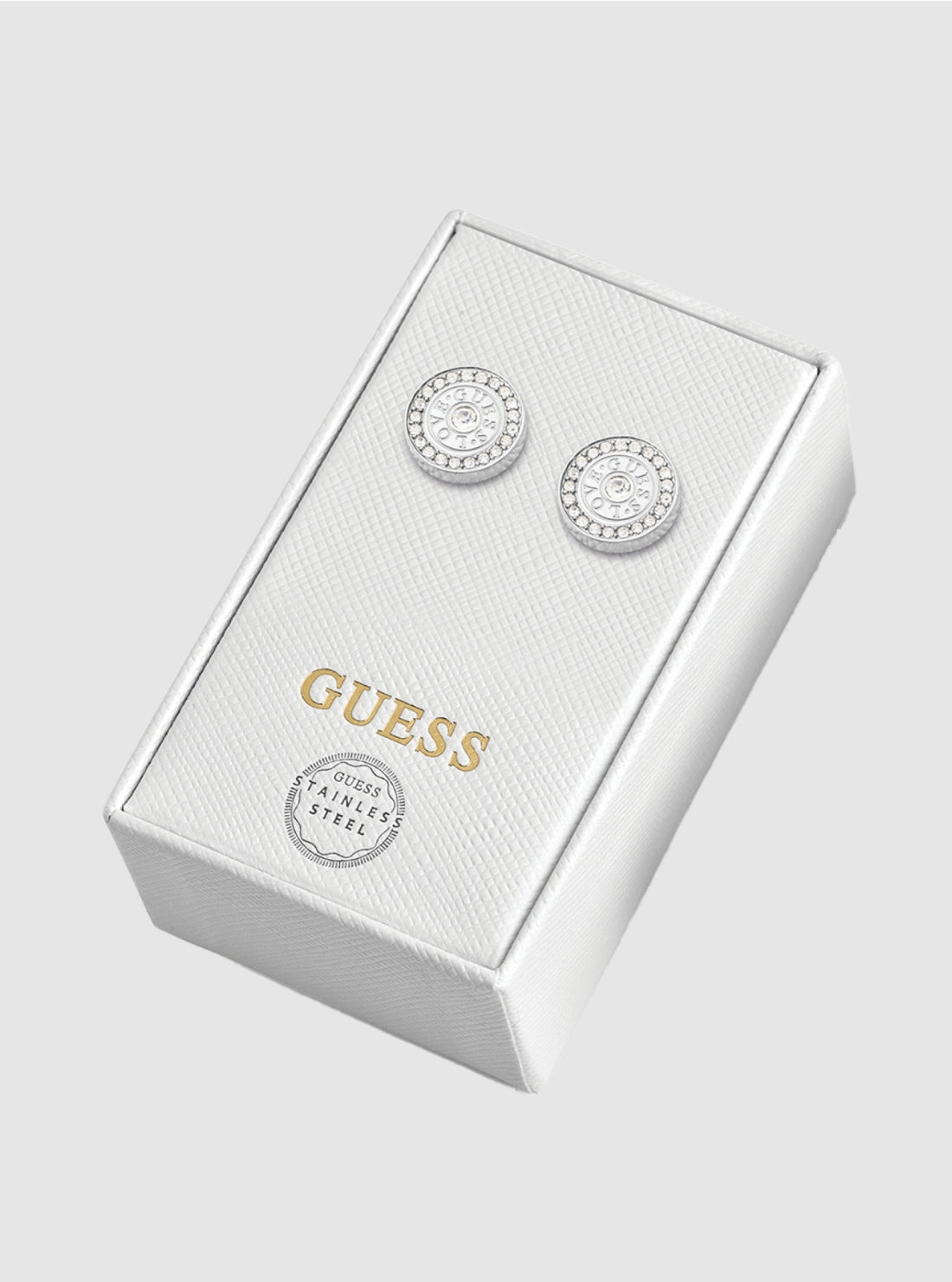 GUESS Womens Silver Love Crystal Stud Earrings JUBS01834J Front View