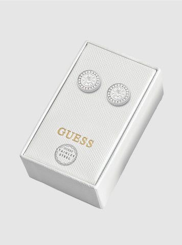 GUESS Womens Silver Love Crystal Stud Earrings JUBS01834J Front View