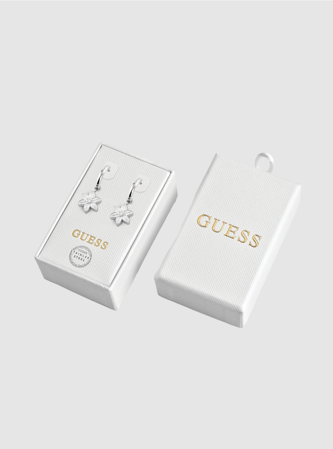 GUESS Womens Silver Flower Huggie Earrings JUBS01839J Front View