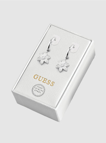 GUESS Womens Silver Flower Huggie Earrings JUBS01839J Detail View