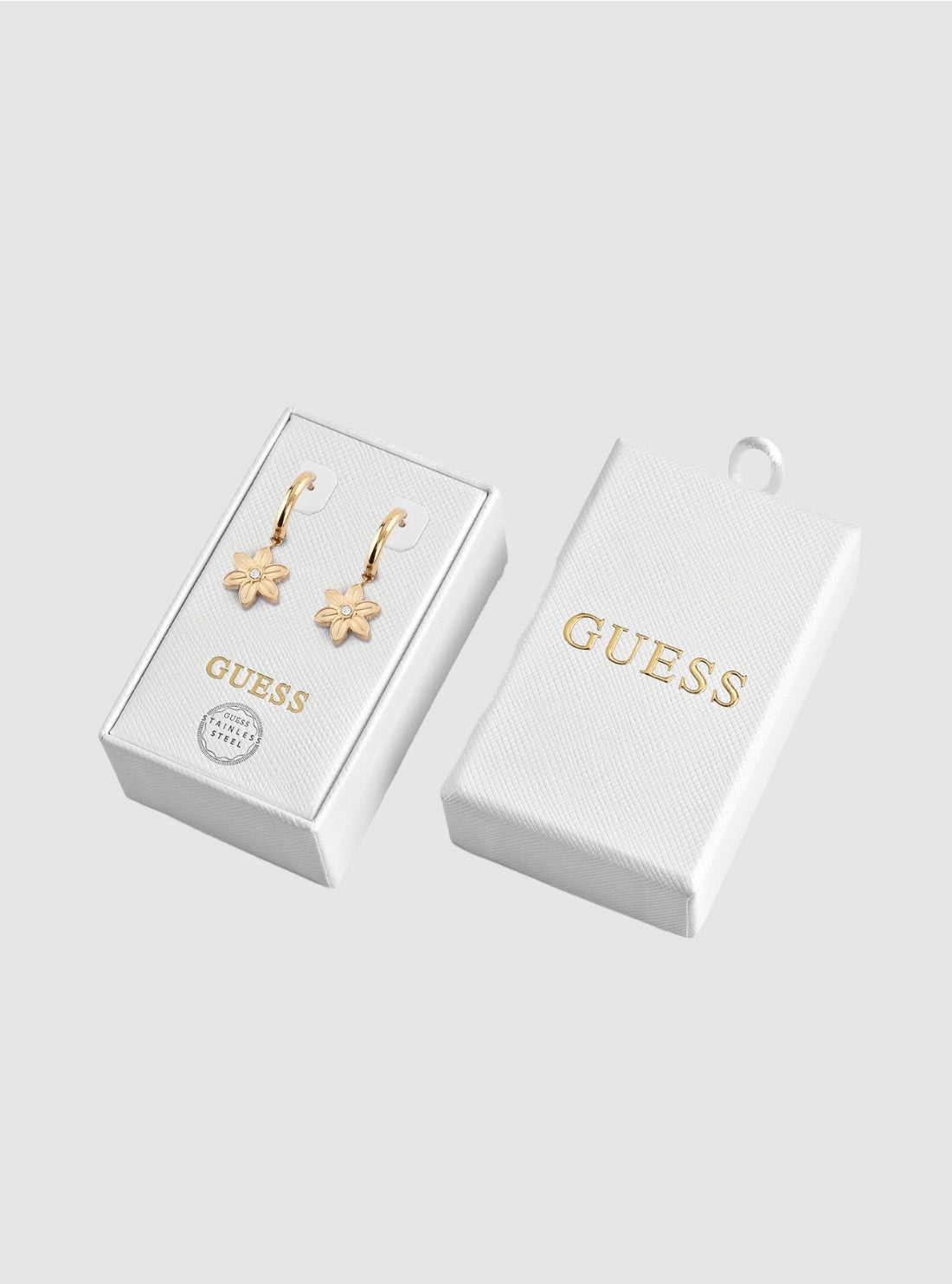 GUESS Womens Gold Flower Huggie Earrings JUBS01839 Front View