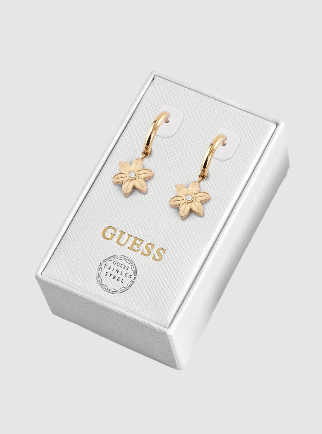 GUESS Womens Gold Flower Huggie Earrings JUBS01839 Full Detail View