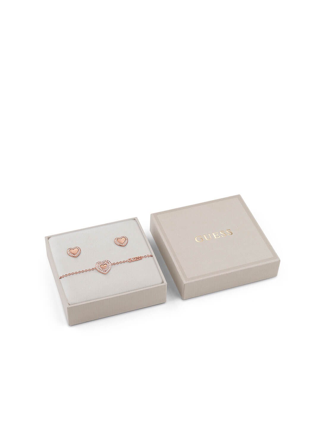 Rose Gold Amami Heart Bracelet and Stud Earring Set | GUESS Women's Jewellery | front view