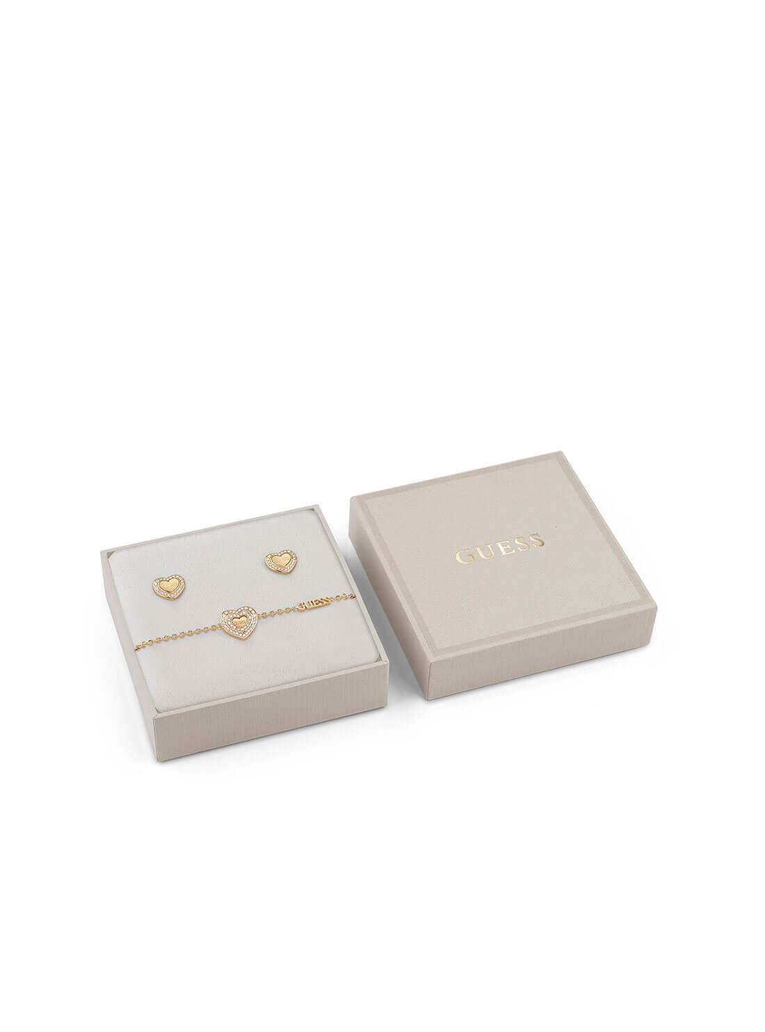 Gold Amami Crystal Heart Bracelet and Stud Earrings Set | GUESS Women's Jewellery | front view