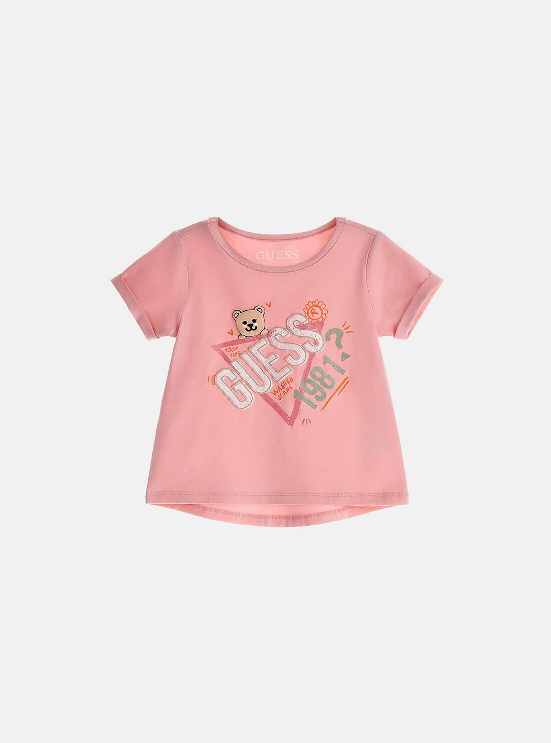 Pink Bear Print Logo T-Shirt (2-7) | GUESS Kids | front view