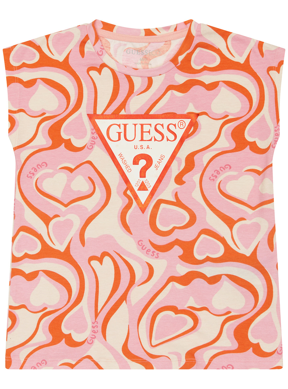 Pink and Orange Heart Print Logo T-Shirt (2-7) | GUESS kids | front view