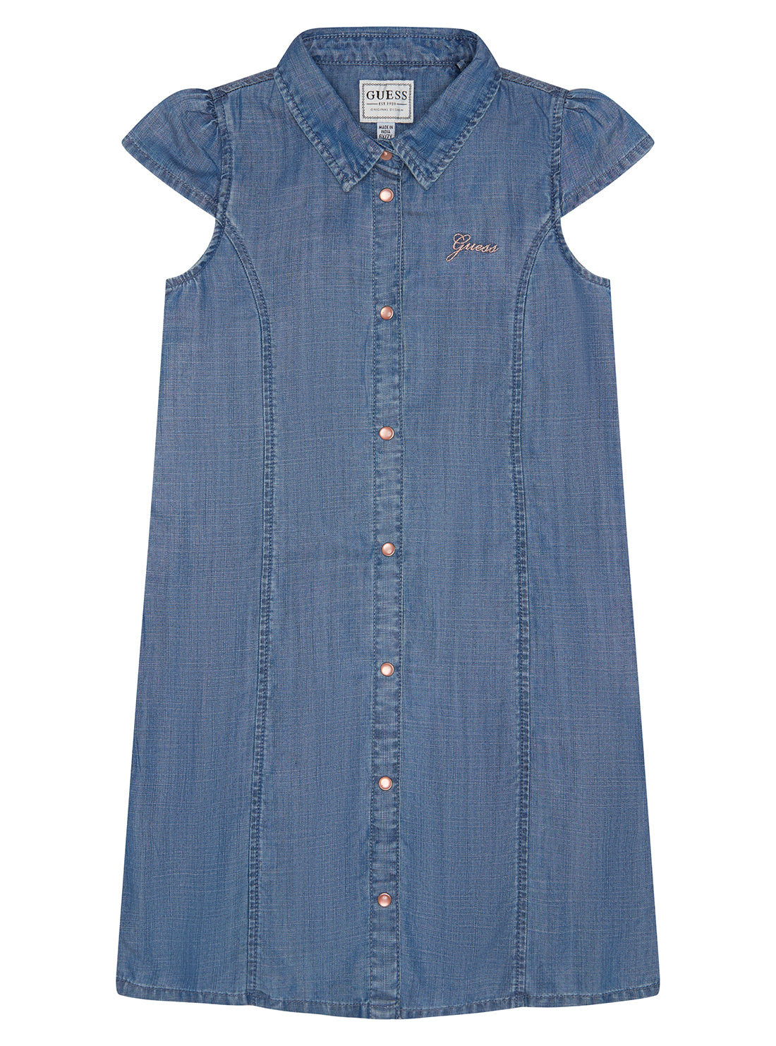 GUESS Blue Denim Short Sleeve Dress (2-7) front view