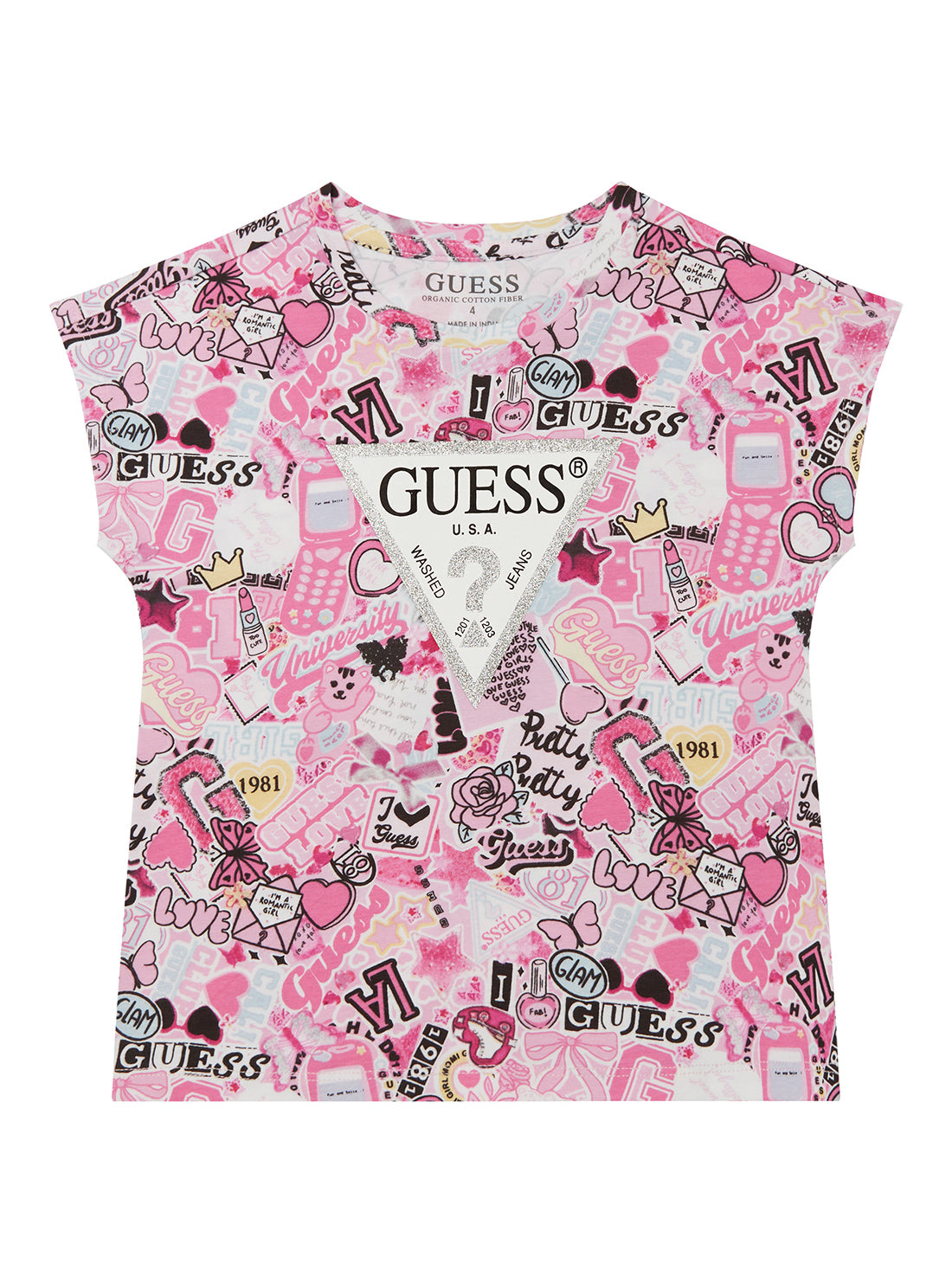 GUESS Kids Pink Multi Logo Short Sleeve T-Shirt (2-7) K5YI02K6YW4 Front View