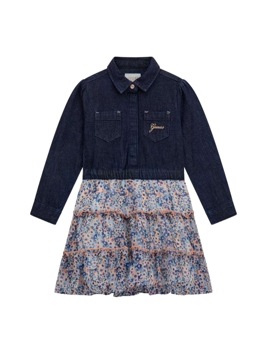 GUESS Kids Dark Blue Multi Fit and Flare Denim Tulle Dress (2-7) K5YK05D4EU0 Front View