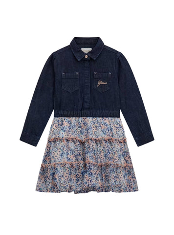 GUESS Kids Dark Blue Multi Fit and Flare Denim Tulle Dress (2-7) K5YK05D4EU0 Front View