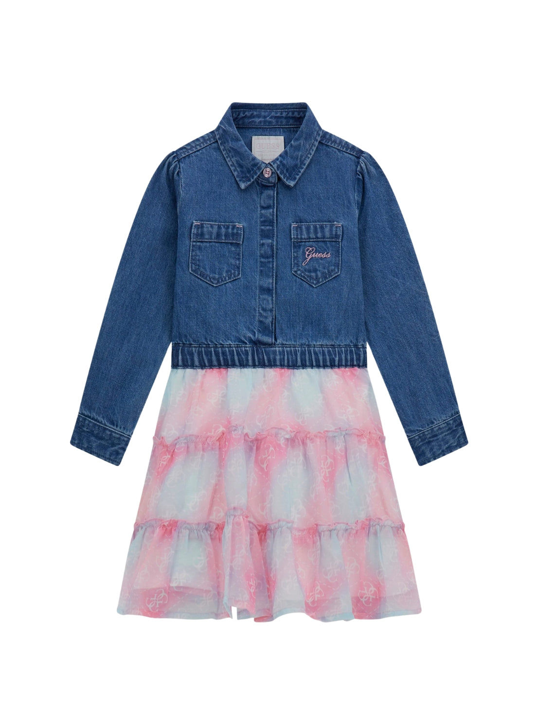 GUESS Kids Multi Fit and Flare Denim Tulle Dress (2-7) K5YK05D4EU0 Front View