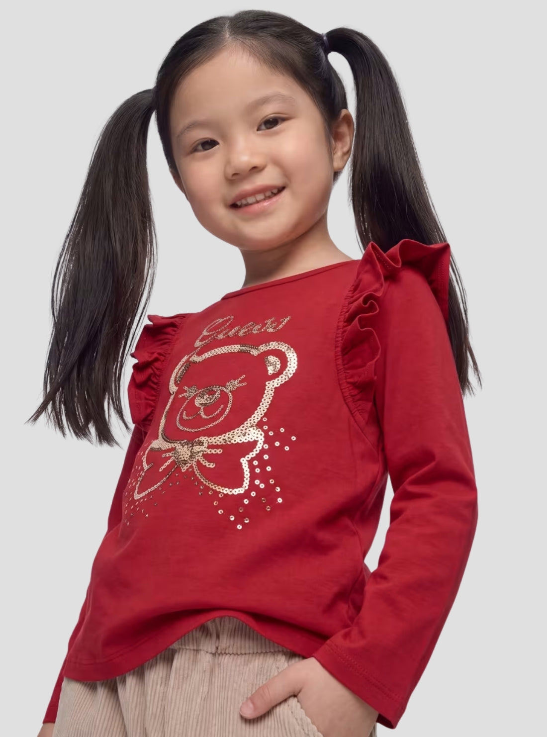 GUESS Kids Red Long Sleeve Bear T-Shirt (2-7) K6BI05K5802 Model View1