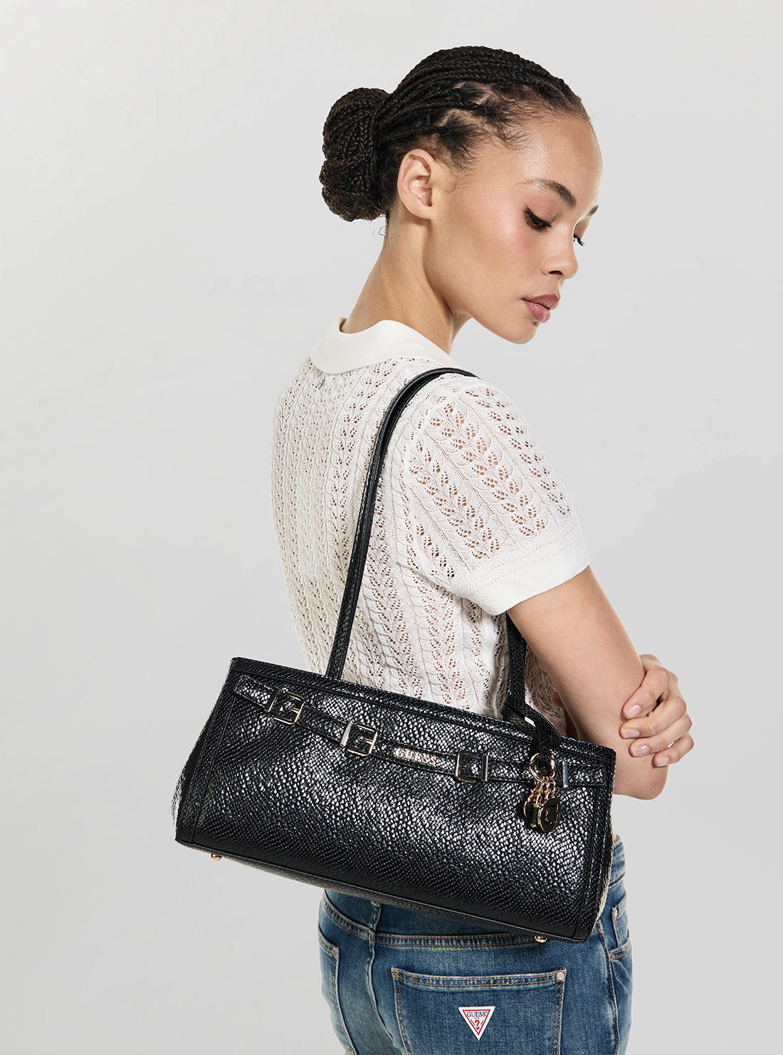 GUESS Womens Black Dovie Girlfriend Shoulder Satchel Bag KG990908 Model View