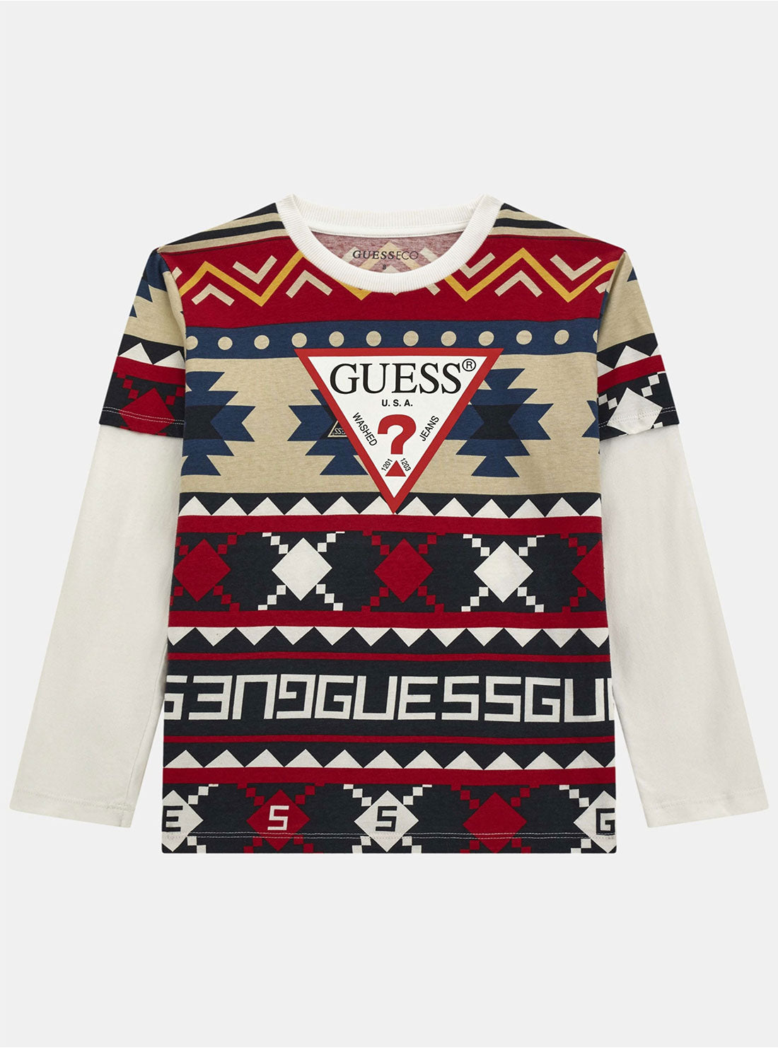 GUESS White Multi Print Long Sleeve T-Shirt (7-16) front view