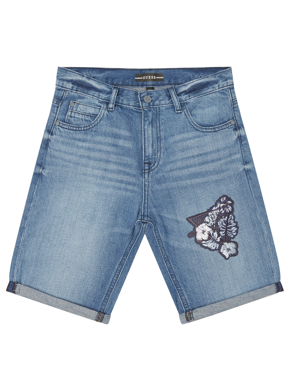 Boy's Blue Triangle Logo Mid-wash Denim Shorts (7-16) | GUESS Kids | front view