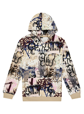 GUESS Kids Street Graffiti Print Hooded Active Top (7-16) L5YQ05KA6R4 Front View