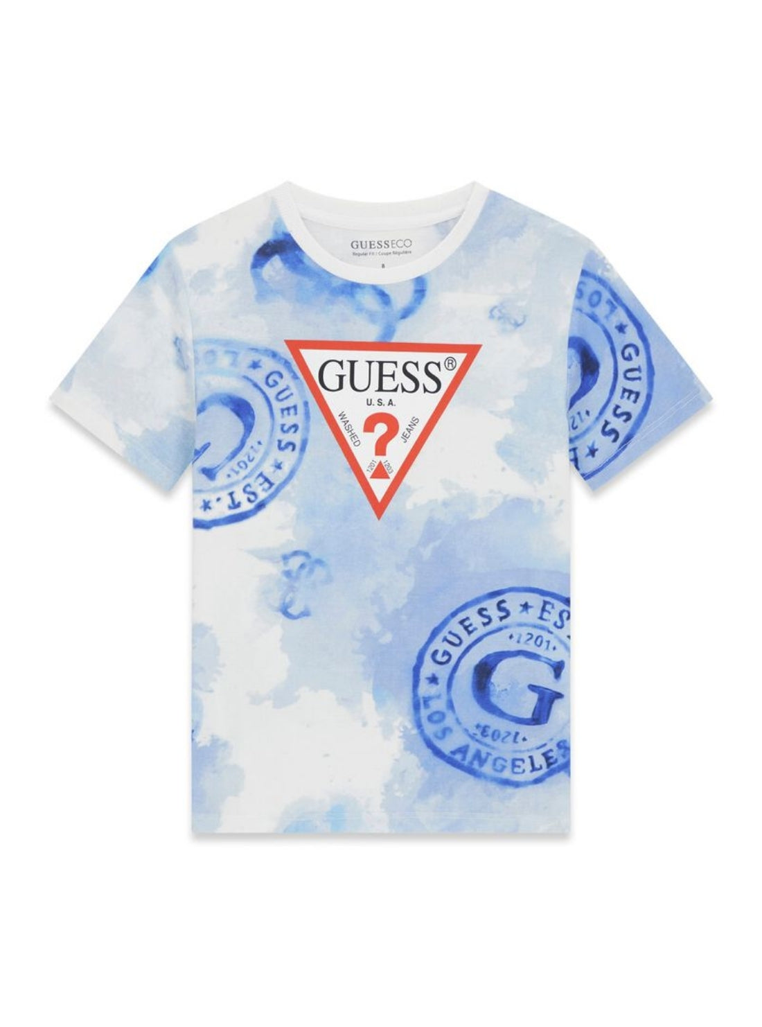 GUESS Kids Blue Hawaiian Stamps T-Shirt (7-16) L6GI03K8HM4 Front View