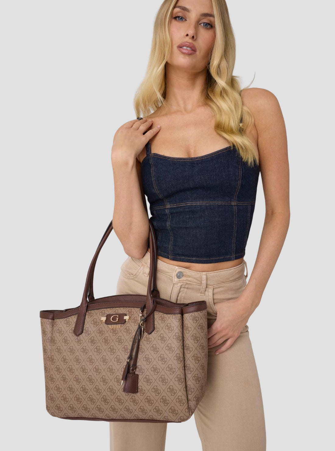 GUESS Womens Brown Logo Lindsey Tote Bag LB9749024 Model View