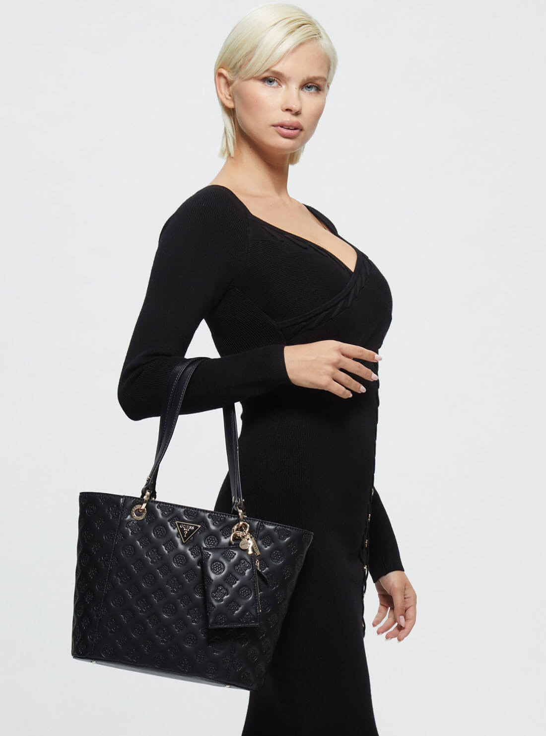 Women's Black Noelle La Femme Small Tote Bag | GUESS Handbags | model view