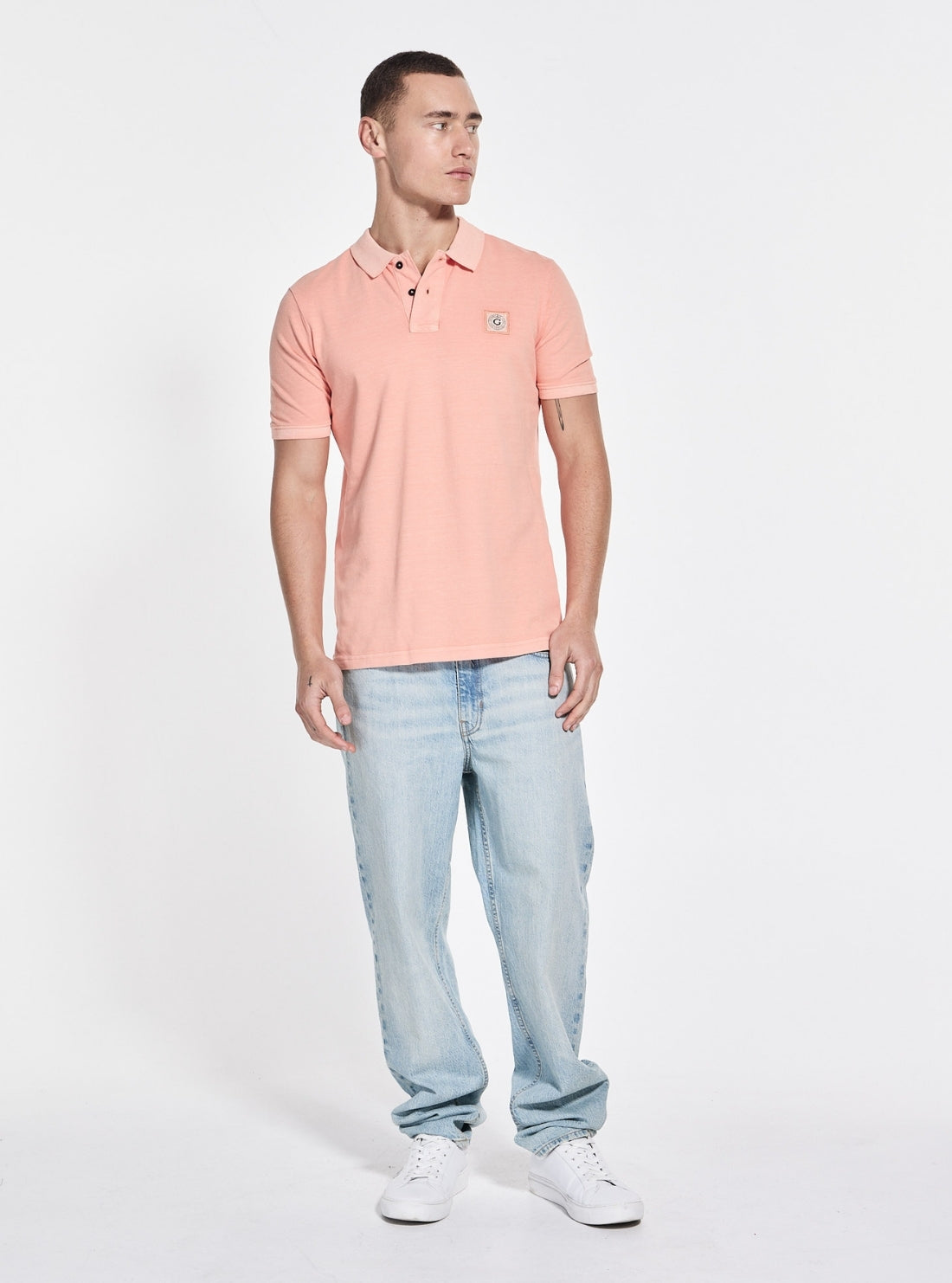 GUESS Mens Orange Washed Polo Shirt M2YP24KC9T1 Front Side View