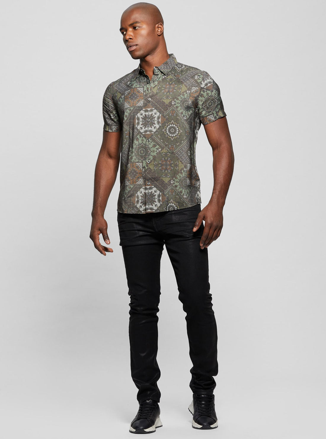 Eco Grey Sandwash Shashiko Print Shirt | GUESS men's apparel | full view
