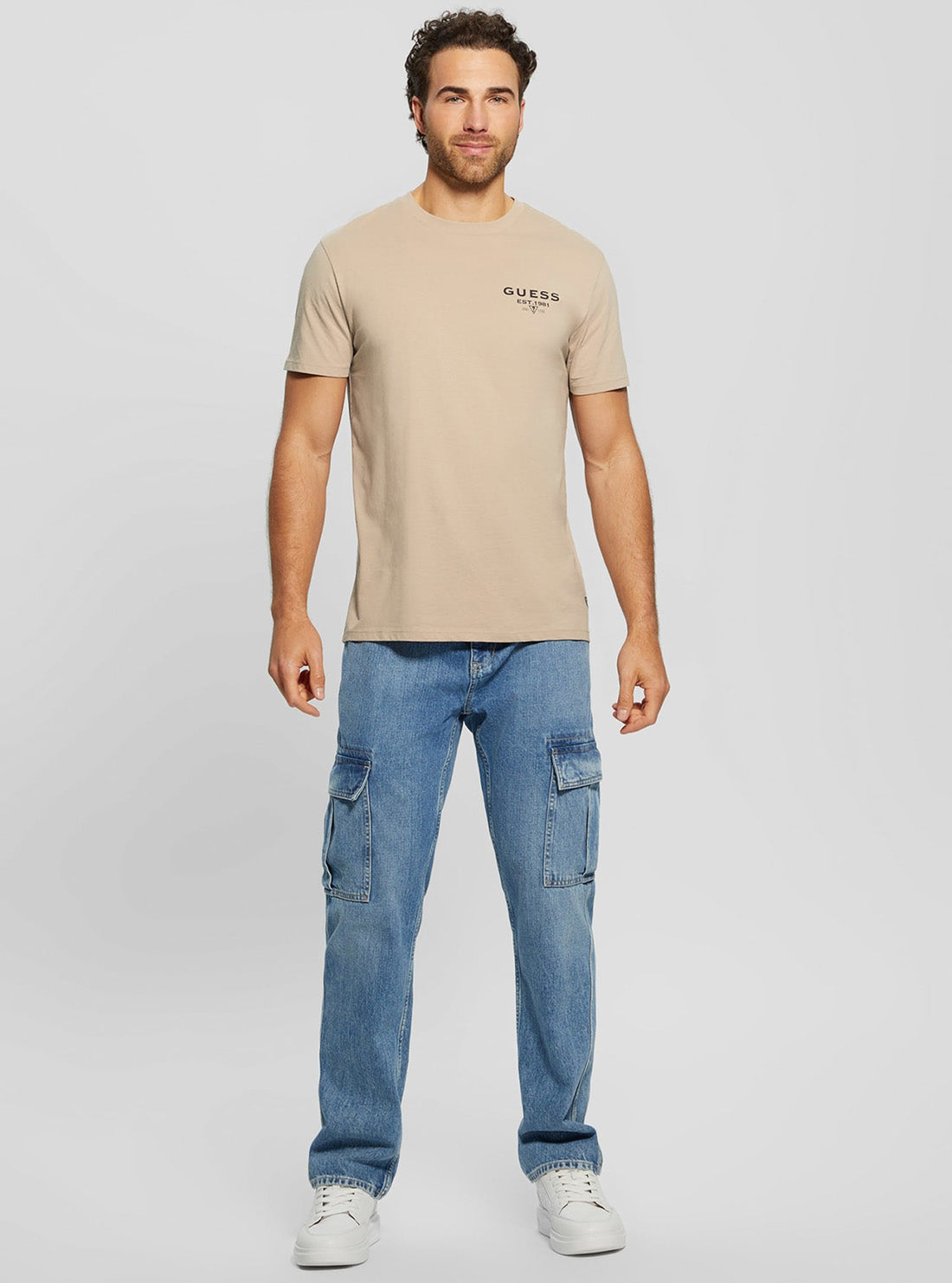 GUESS Mens Eco Beige Basic Classic Logo T-Shirt M3BI0RKC9U1 Full View