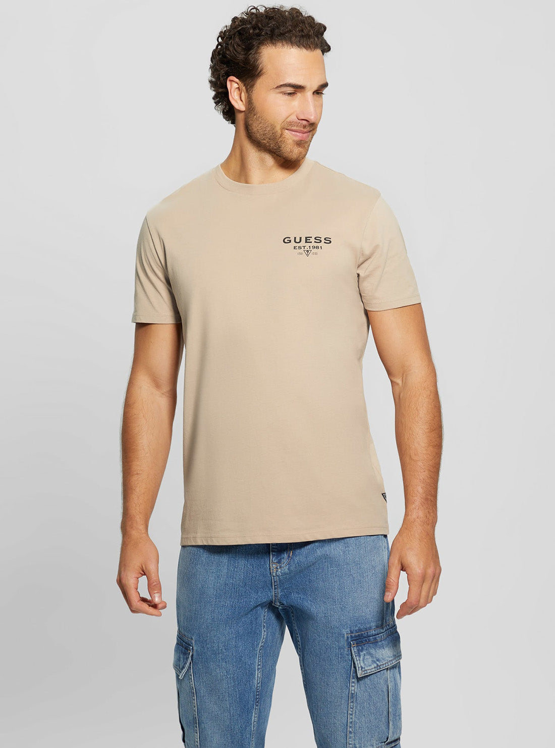 GUESS Mens Eco Beige Basic Classic Logo T-Shirt M3BI0RKC9U1 Front View
