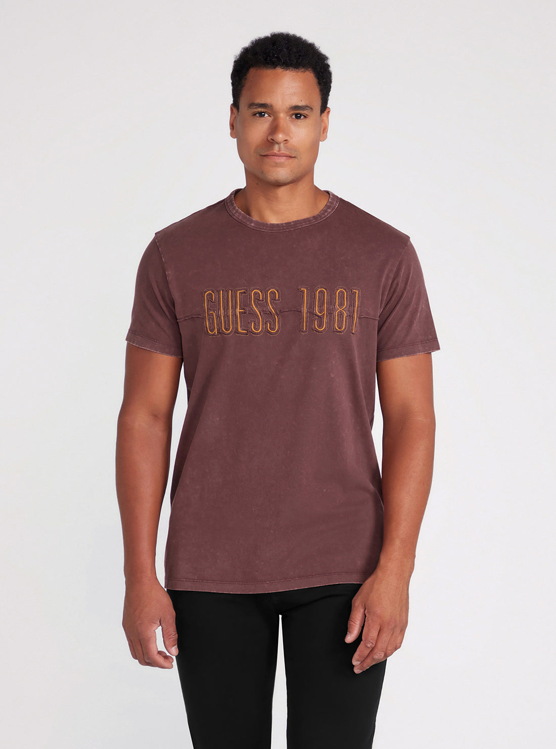 Maroon Embroidered Washed Logo T-Shirt | GUESS men's apparel | front view