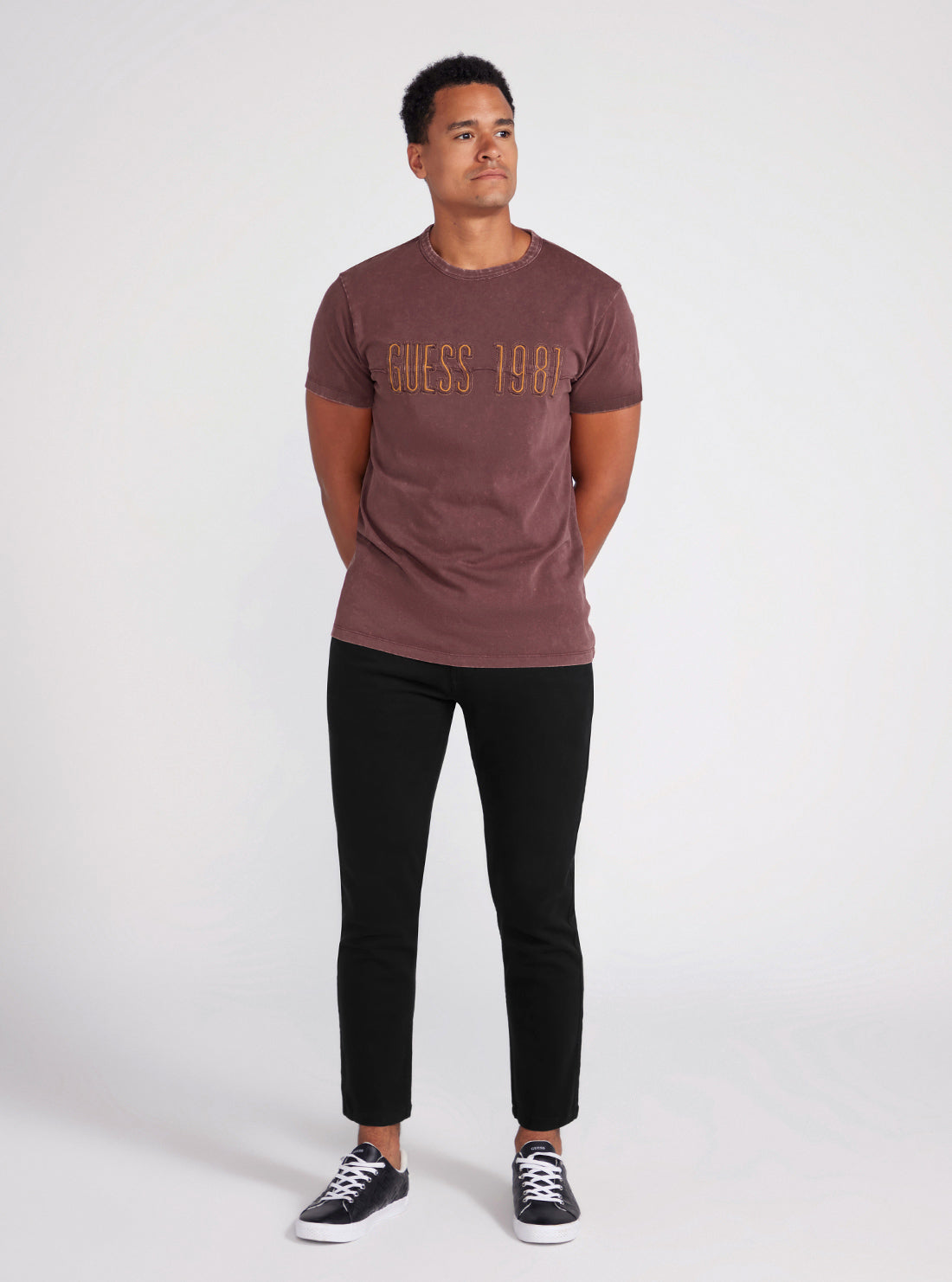 Maroon Embroidered Washed Logo T-Shirt | GUESS Men's apparel | full view