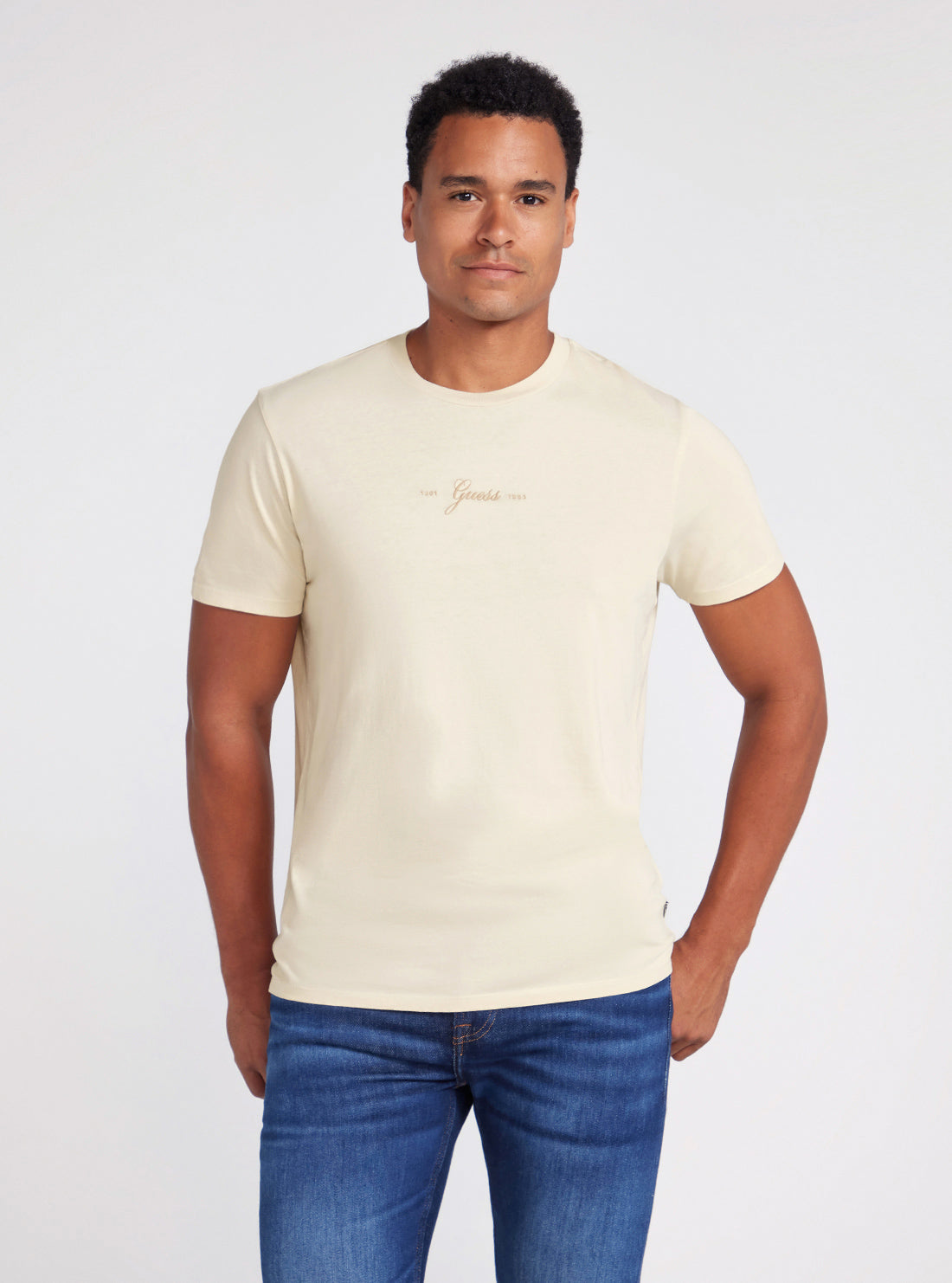 Cream Stacked 1981 Logo T-Shirt | GUESS Men's Apparel | front view