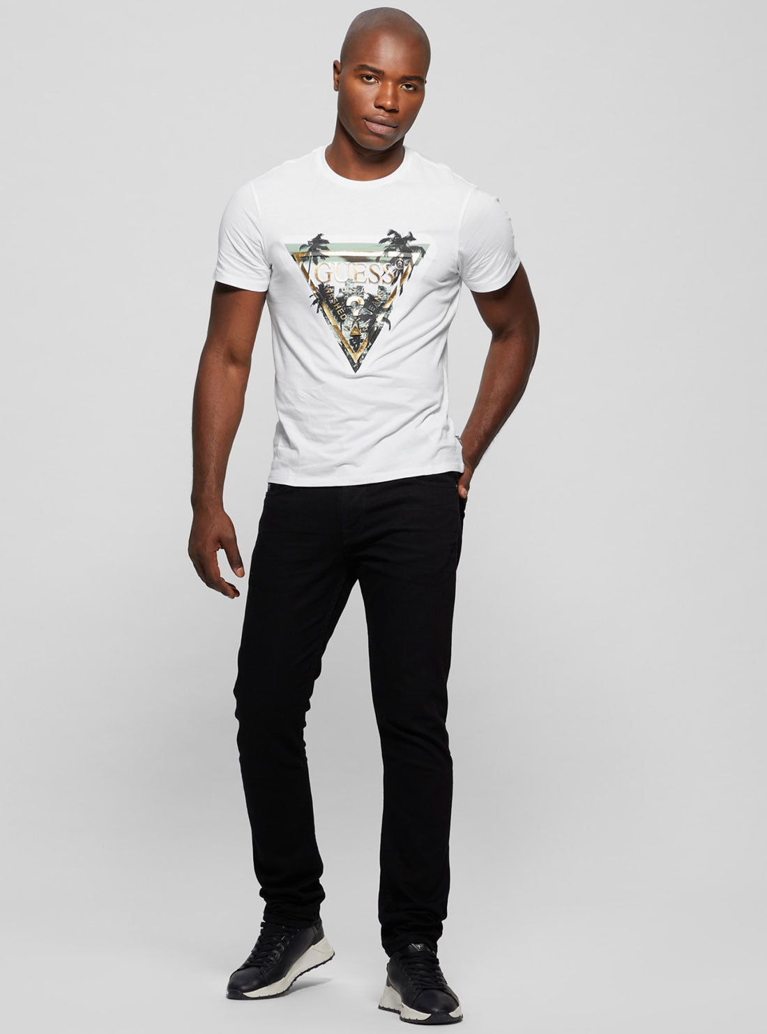 White Palm Print Triangle Logo T-Shirt | GUESS Men's Apparel | full view