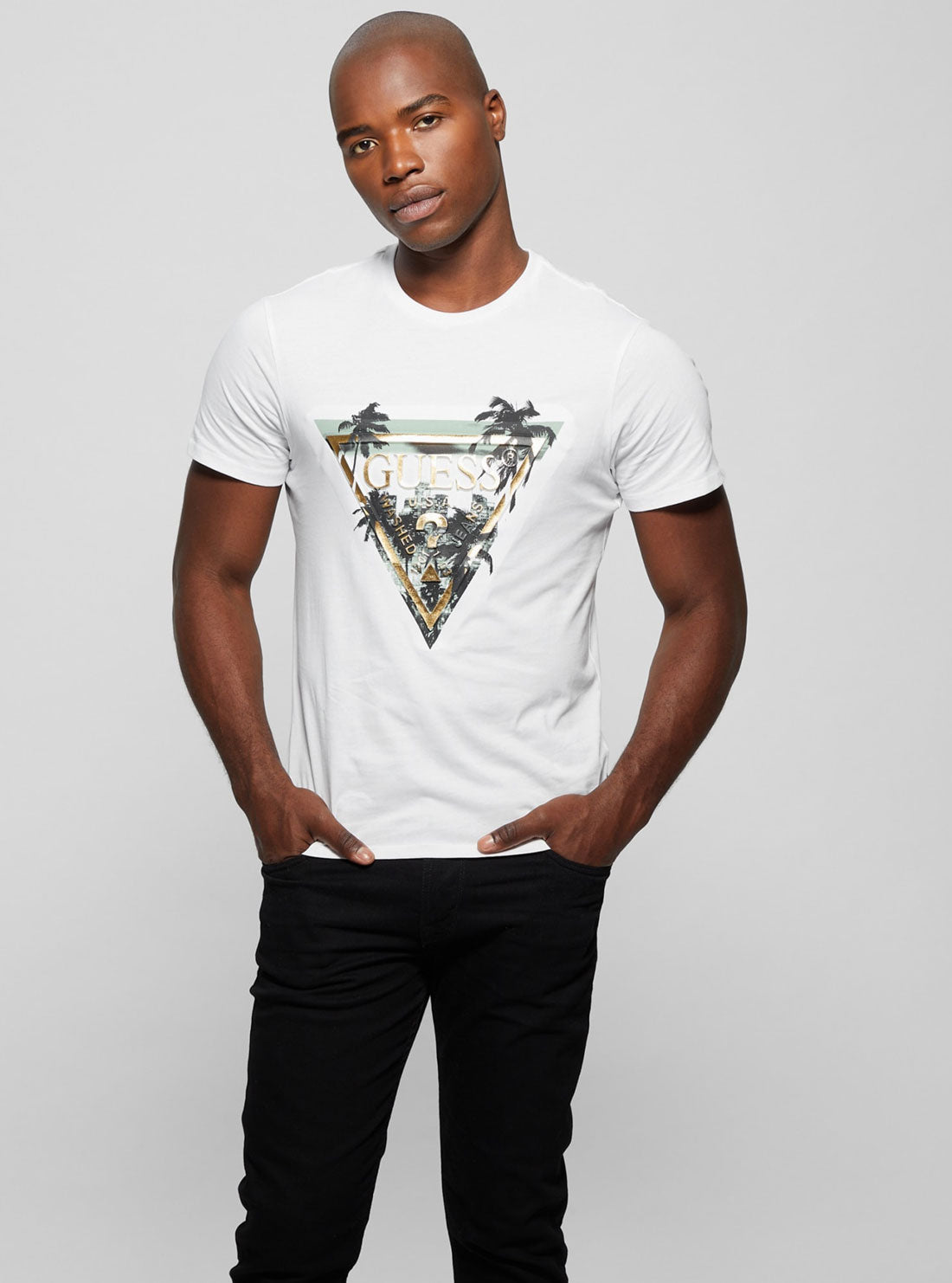 White Palm Print Triangle Logo T-Shirt | GUESS Men's Apparel | front view