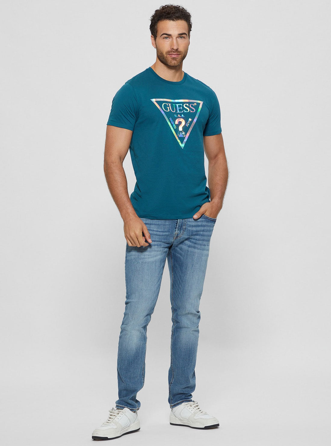 Teal Blue Iridescent Logo T-Shirt | GUESS Men's Apparel | full view