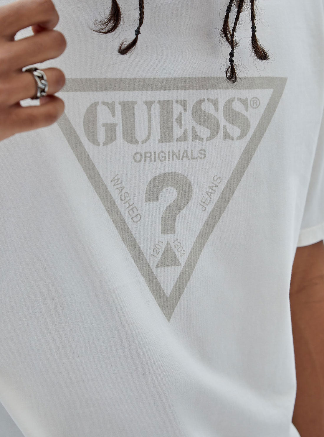 Guess Originals White Vintage Triangle Logo T-Shirt | GUESS men's apparel | detail view