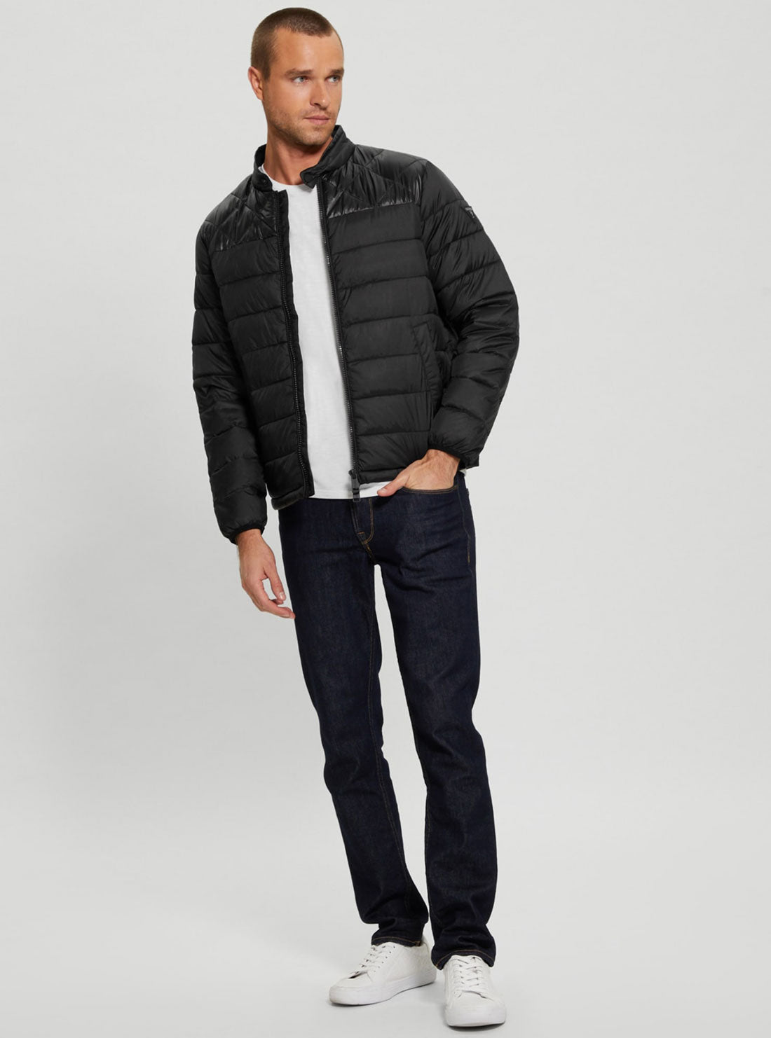 Eco Black Lightweight Puffer Jacket | GUESS Men's Apparel | full view