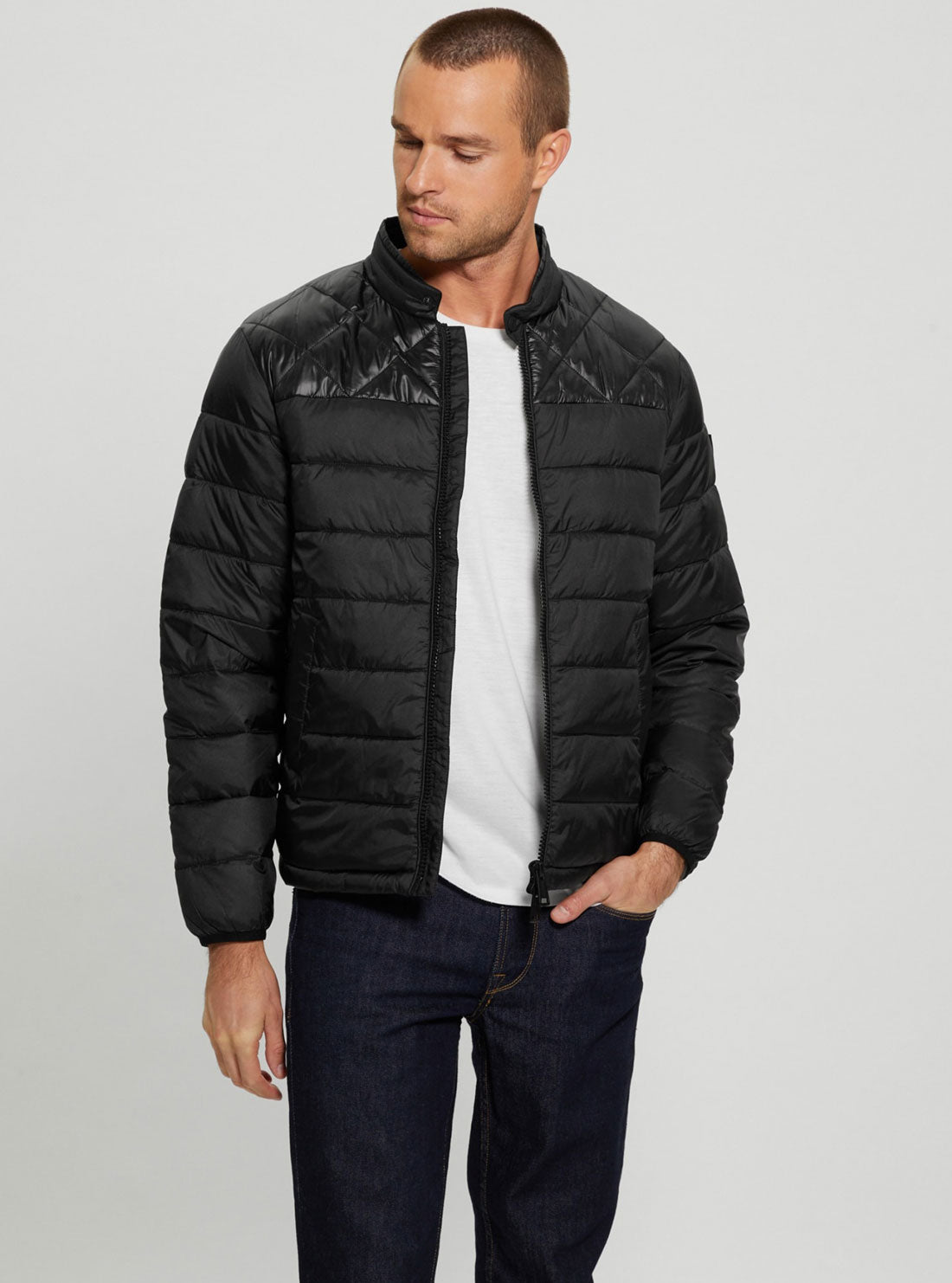 Eco Black Lightweight Puffer Jacket | GUESS Men's Apparel | front view