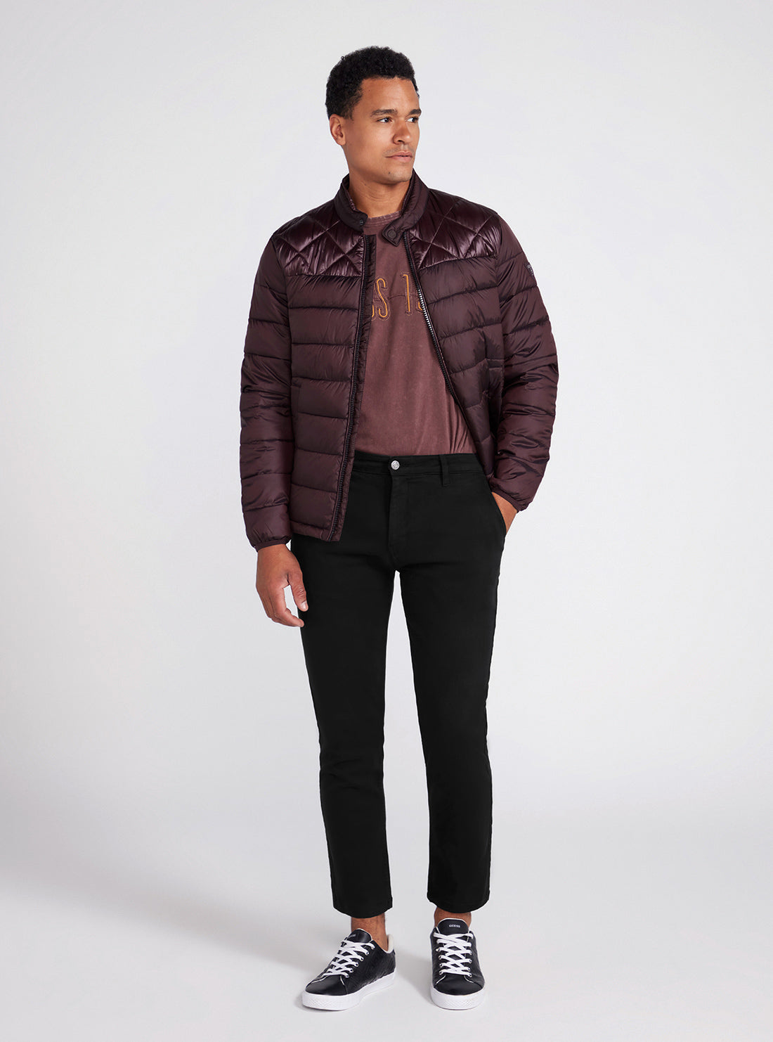 Eco Maroon Lightweight Puffer Jacket | GUESS men's apparel | full view