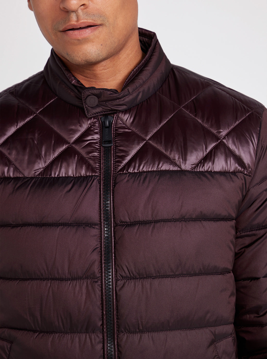 Eco Maroon Lightweight Puffer Jacket | GUESS men's apparel | front detail view