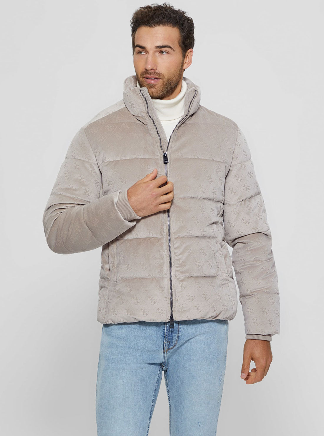 Soft Grey Logo Puffer Jacket | GUESS Men's Apparel | front view