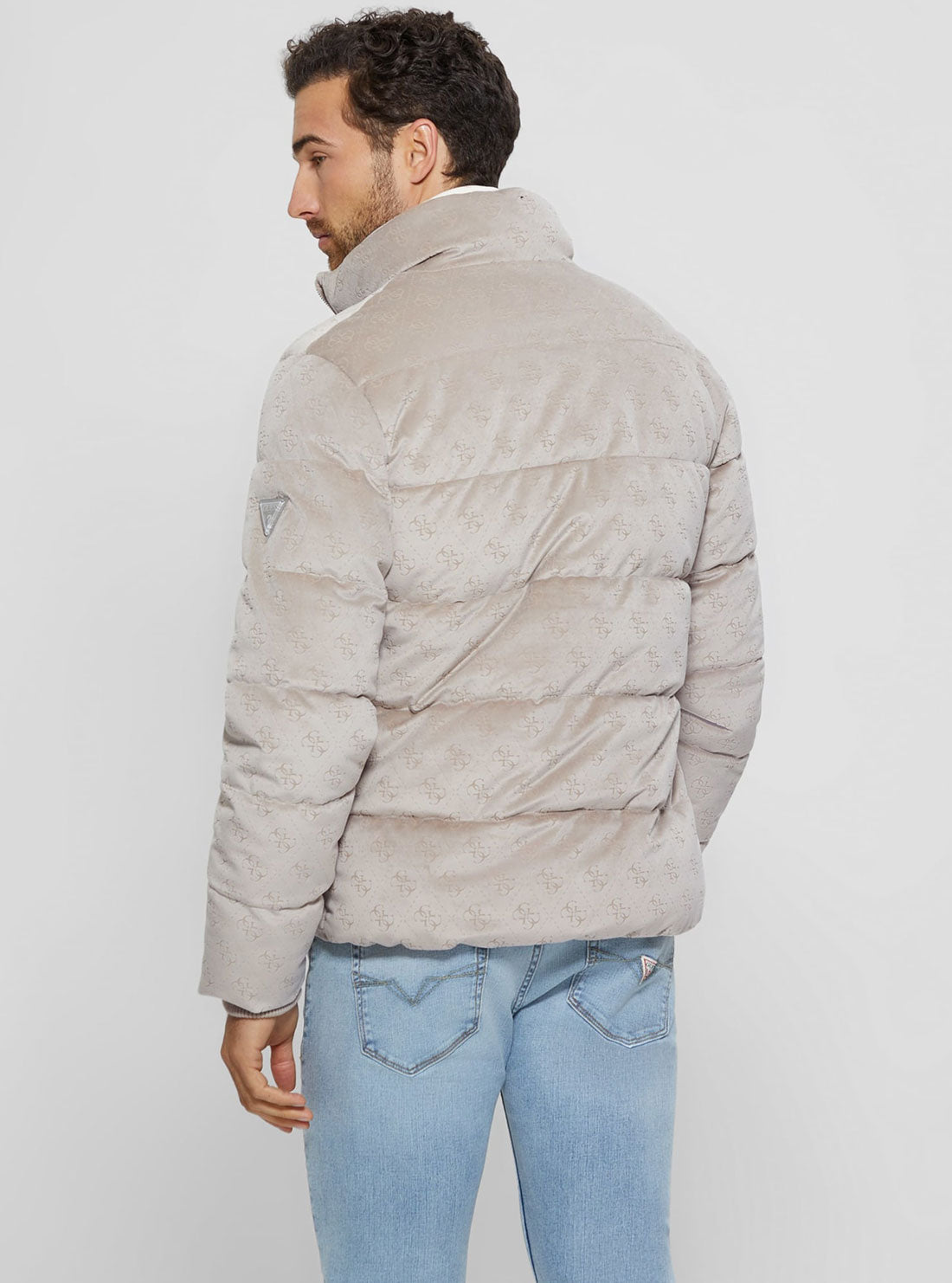 Stone Grey Logo Puffer Jacket | GUESS Men's Apparel | back view