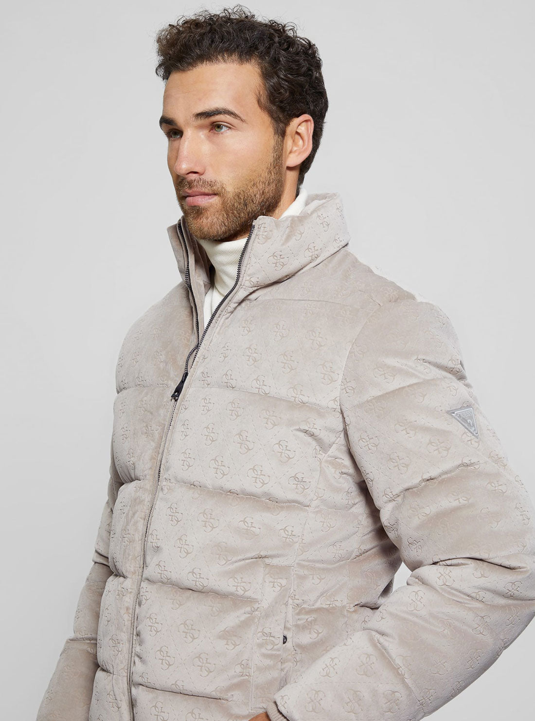 Stone Grey Logo Puffer Jacket | GUESS Men's Apparel | detail view