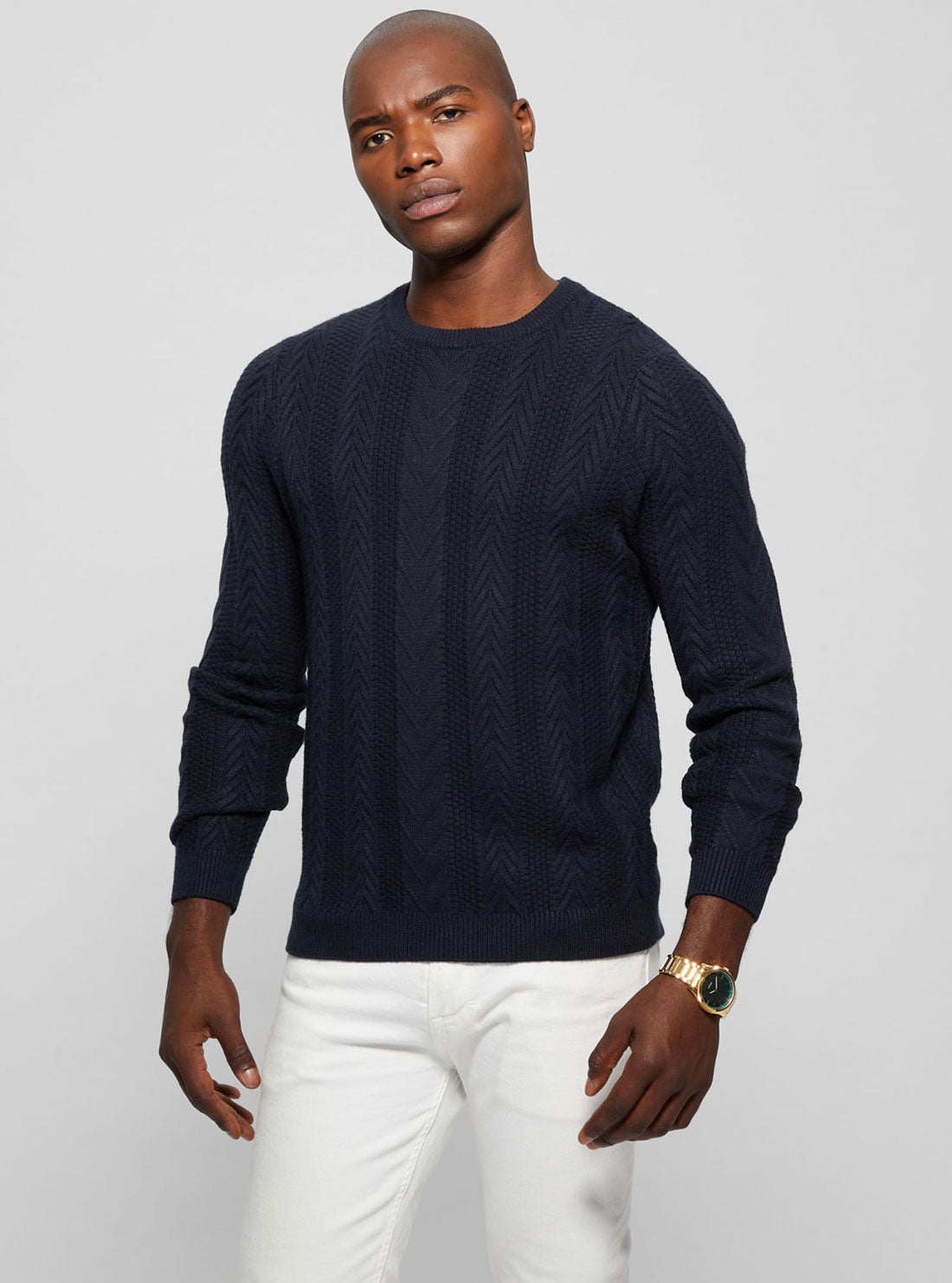 Navy Blue Cable Ethan Knit Top | GUESS Men's Apparel | Front view