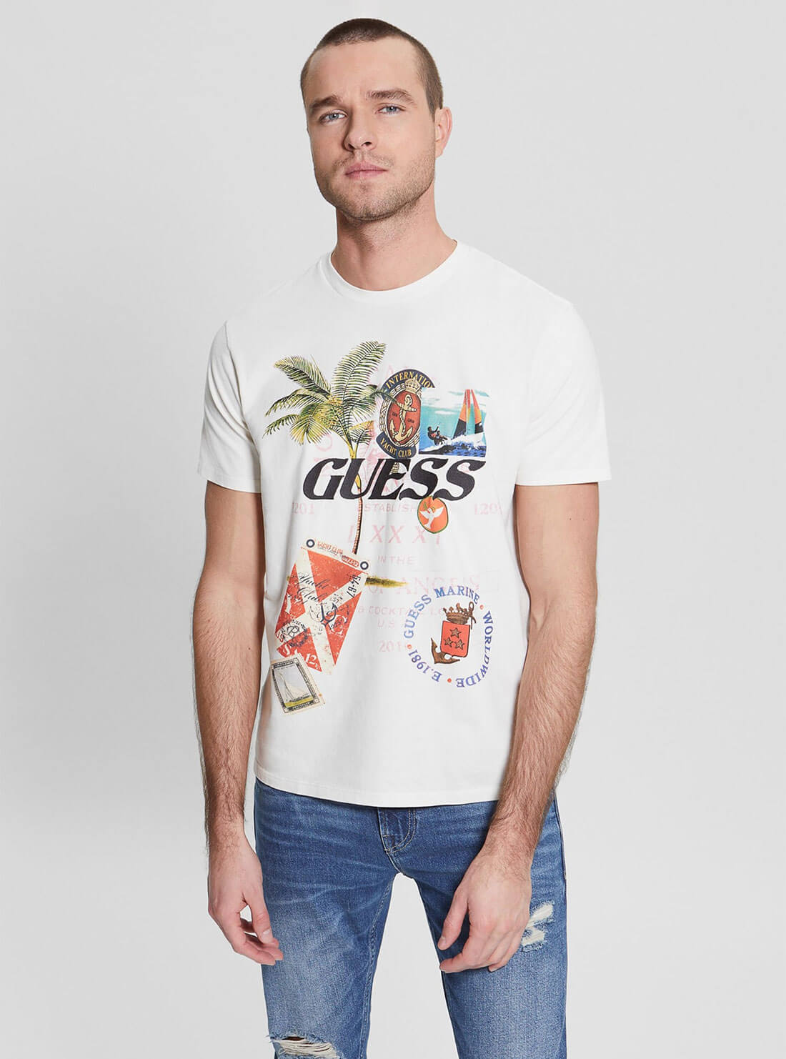 White Nautical Collage Graphic T-Shirt | GUESS Men's Apparel | front view