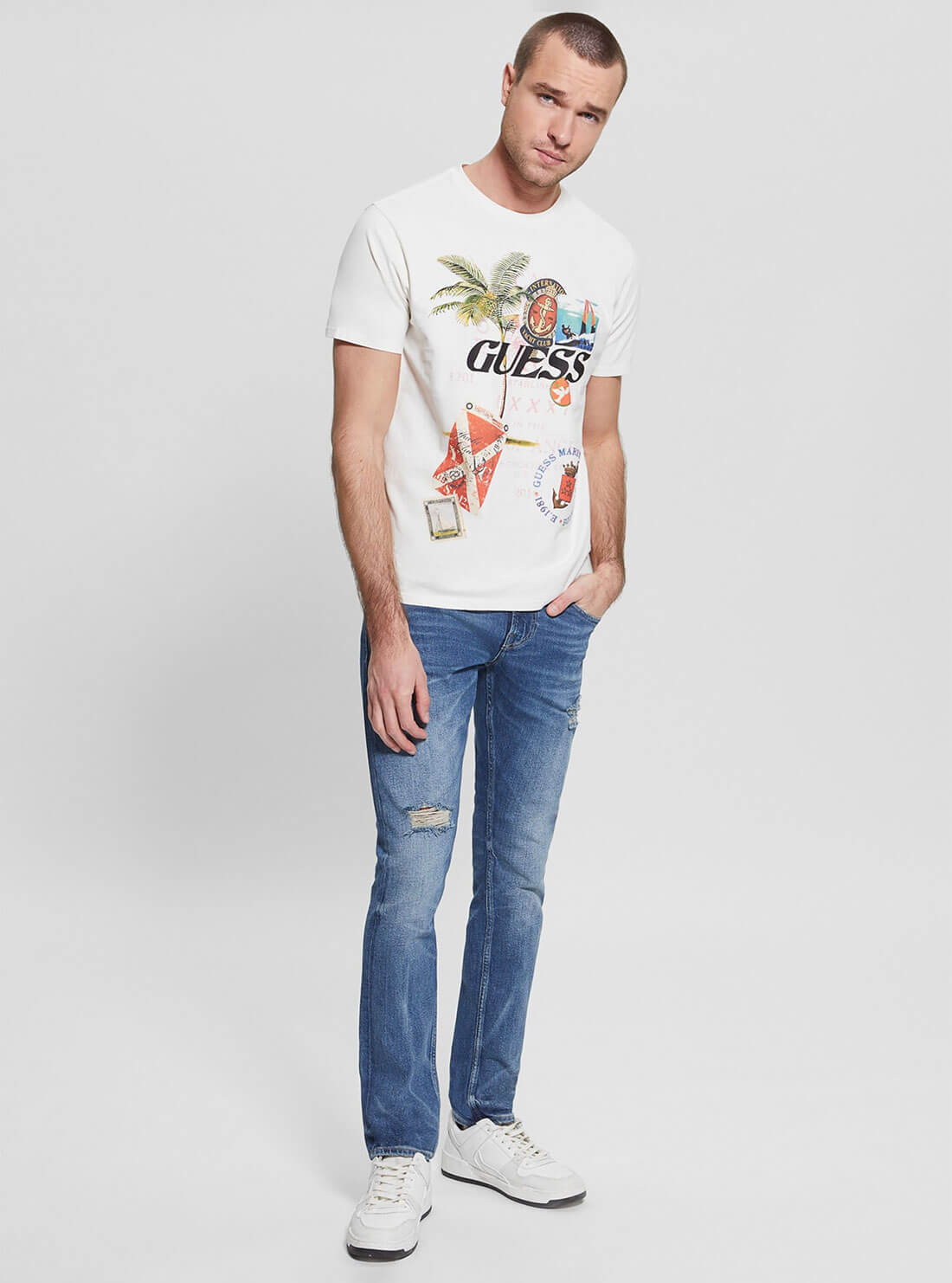 White Nautical Collage Graphic T-Shirt | GUESS Men's Apparel | full view