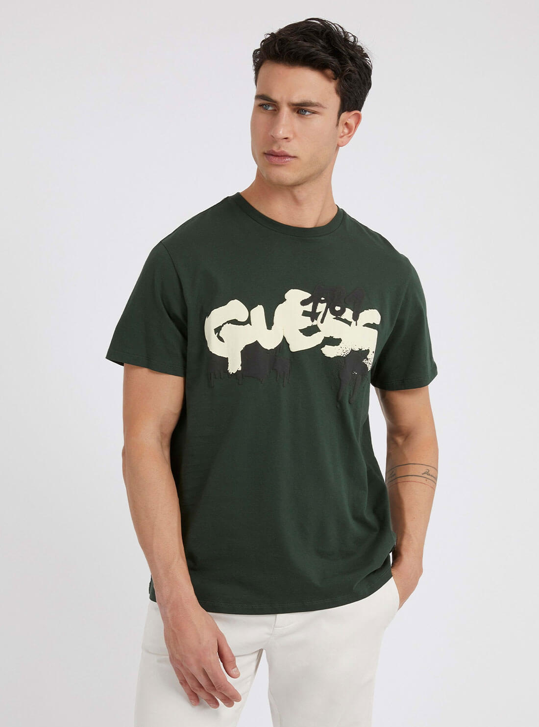 Eco Green Graffiti Logo T-Shirt | GUESS Men's Apparel | front view