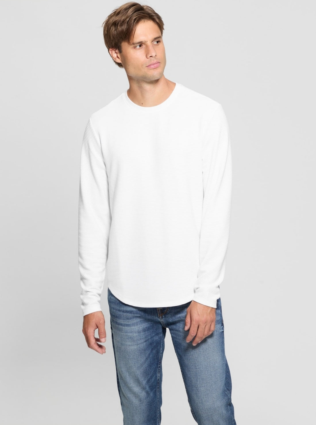GUESS Mens White Linear Textured Jersey Long Sleeve T-Shirt M3RP31R96F0 Front Side View