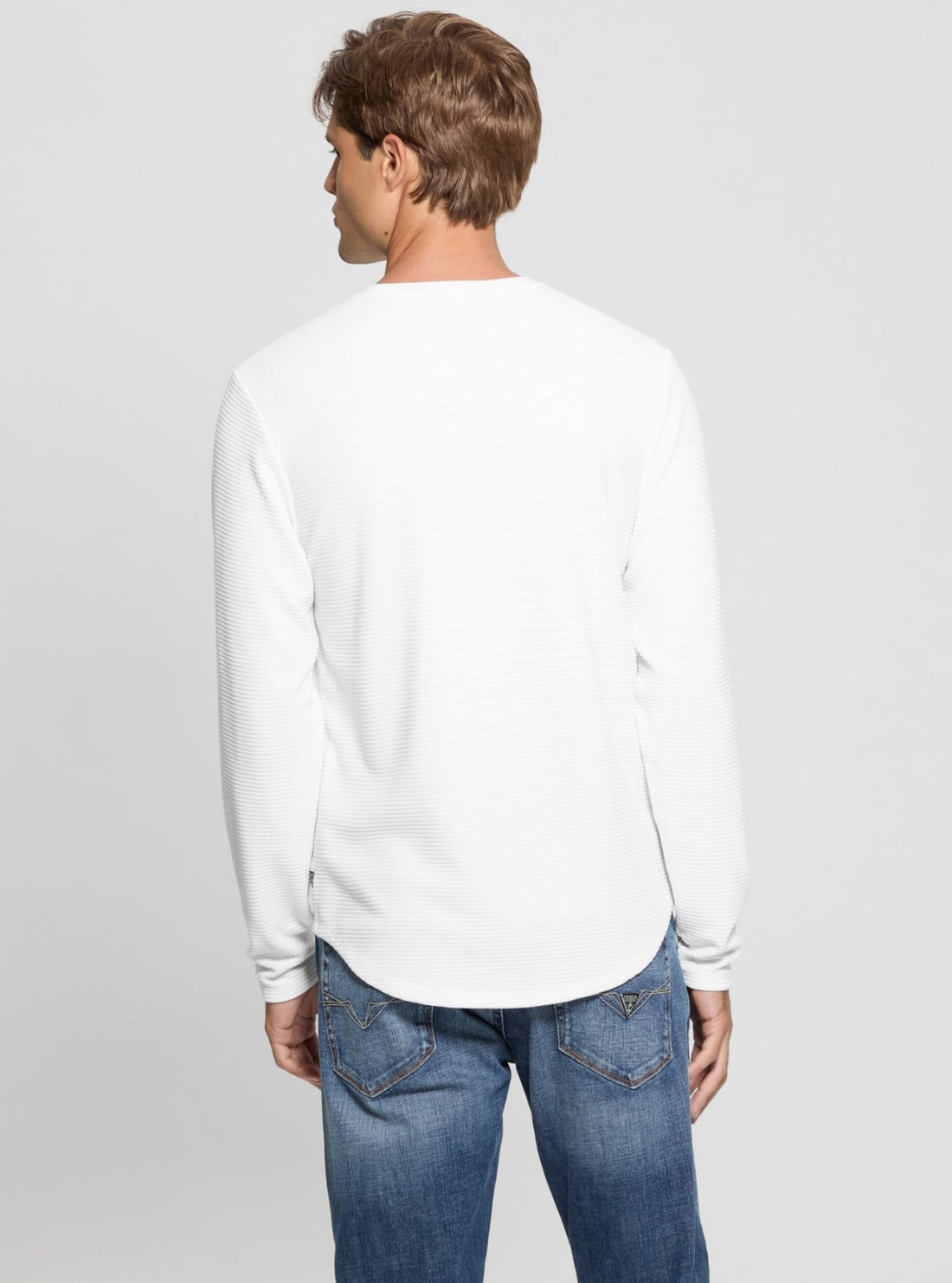 GUESS Mens White Linear Textured Jersey Long Sleeve T-Shirt M3RP31R96F0 Back View