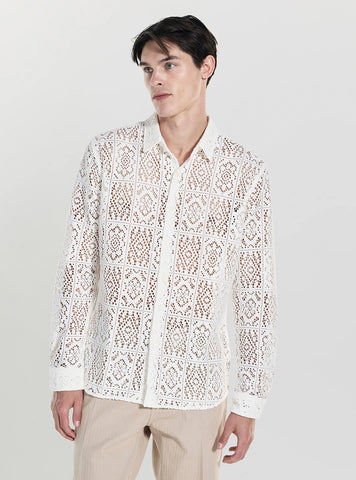 GUESS Mens White Craft Long-Sleeve Crochet Shirt M3YH58WFIM0 Front View