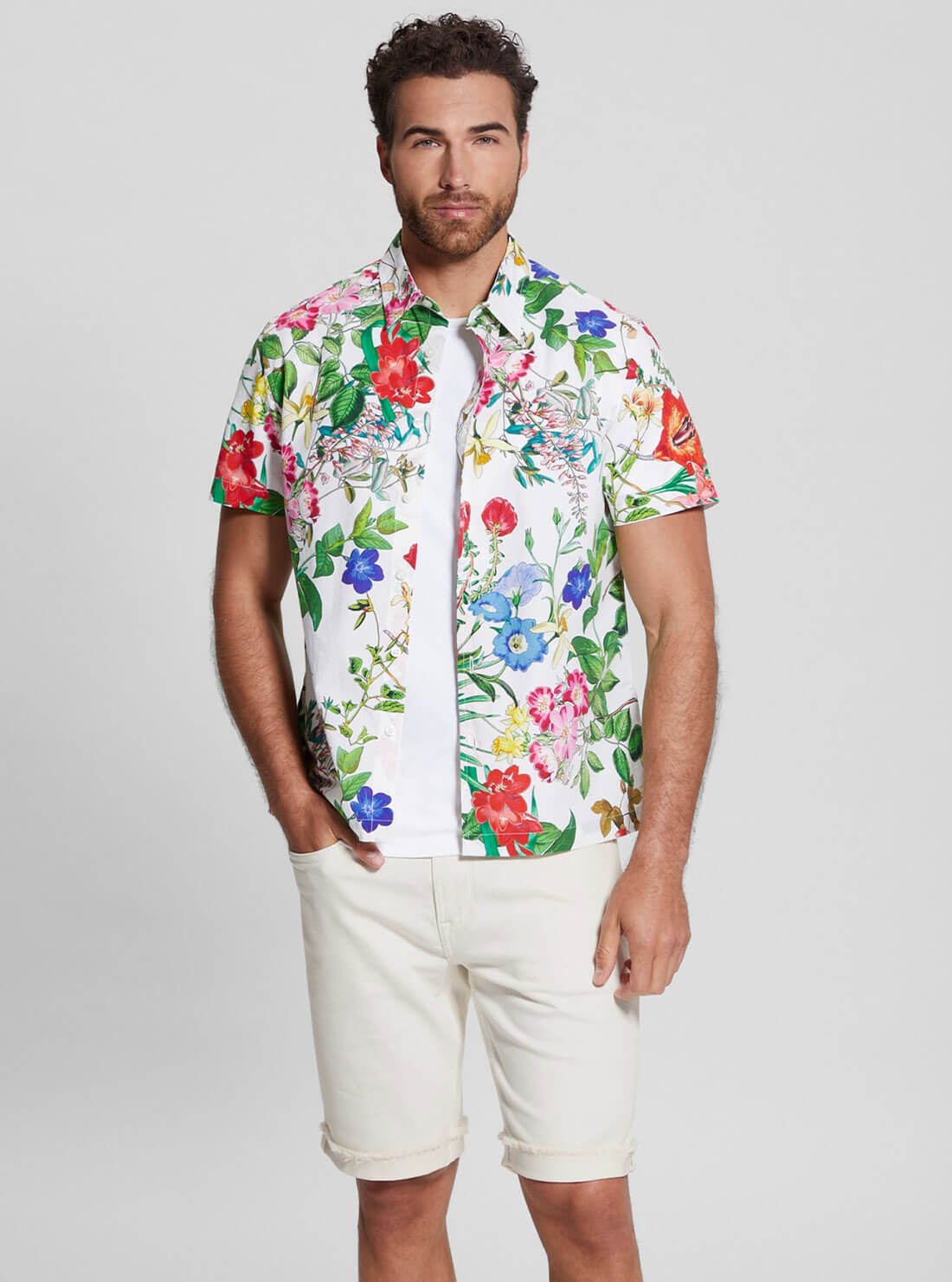 White Floral Print Laguna Shirt | GUESS Men's Apparel | front view