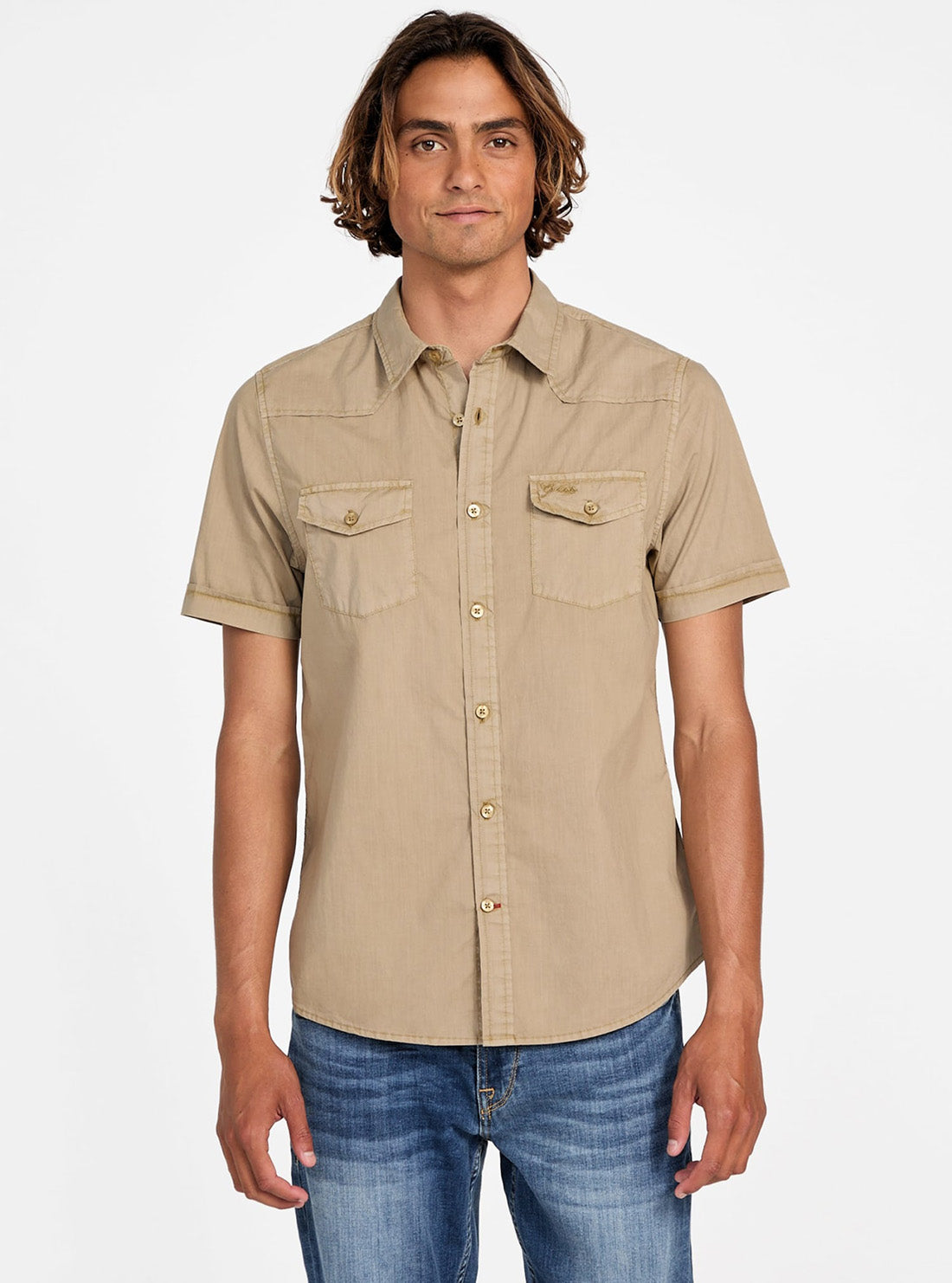 GUESS Mens Beige Nottingham Western Shirt M3YH79WBB80 Front View